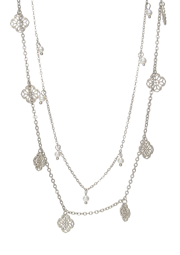 METAL FILIGREE QUATREFOIL AND PEARL DANGLE DOUBLE LAYER NECKLACE