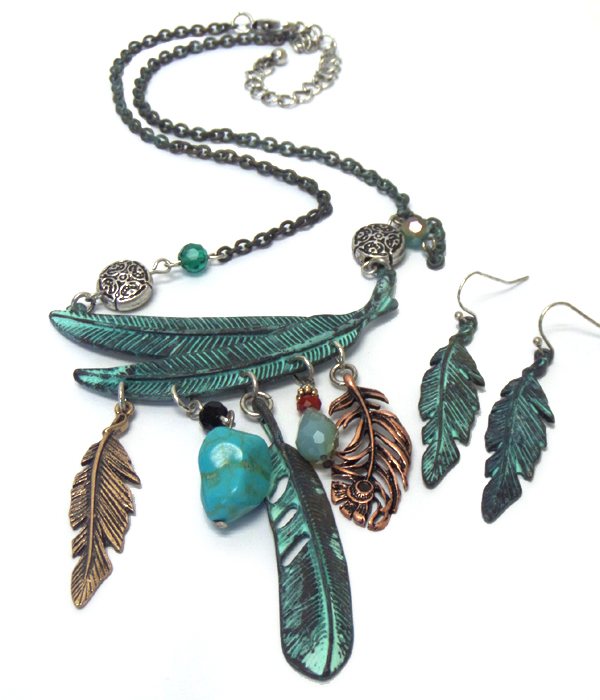 BURNISH METAL FEATHER DANGLE NECKLACE EARRING SET