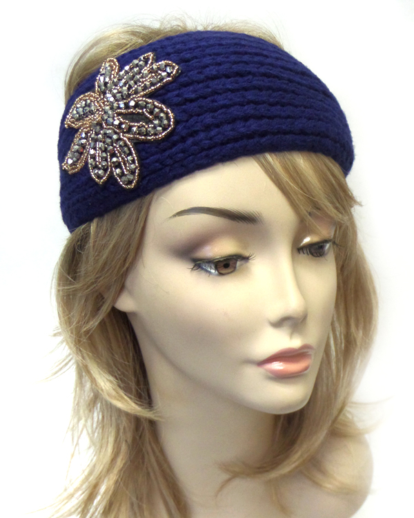 BEADED FLOWER AND BUTTON CLOSURE KNIT HEADBAND WARMER