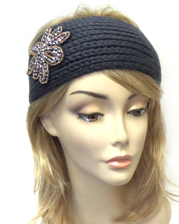 BEADED FLOWER AND BUTTON CLOSURE KNIT HEADBAND WARMER