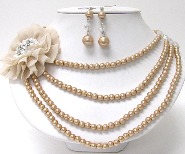 CRYSTAL AND PEARL DECO FABRIC FLOWER CORSAGE MULTI PEARL CHAIN NECKLACE EARRING SET