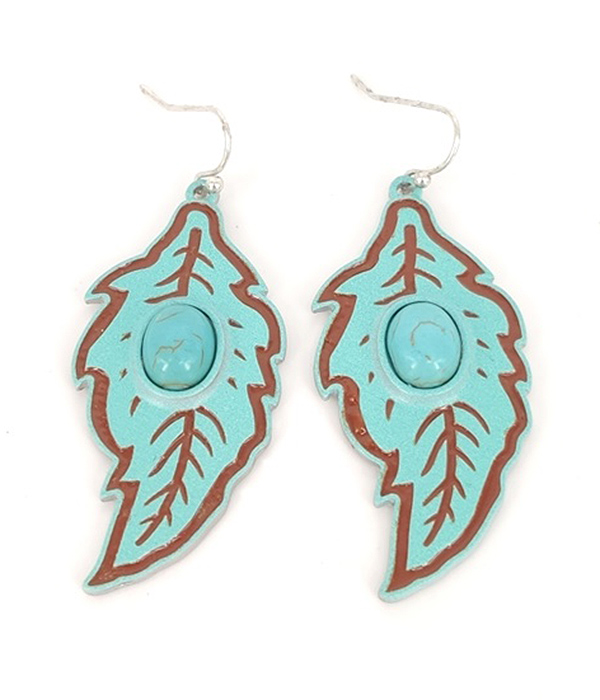 TURQUOISE CENTER FEATHER WOOD EARRING