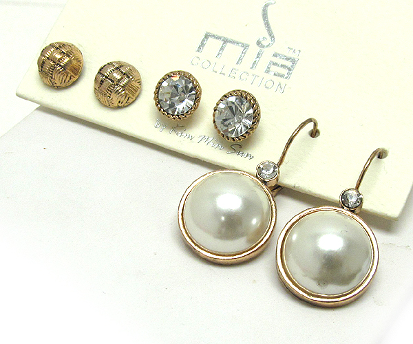 TEXTURED ROUND METAL CRYSTAL AND PEARL 3 PAIR EARRING SET