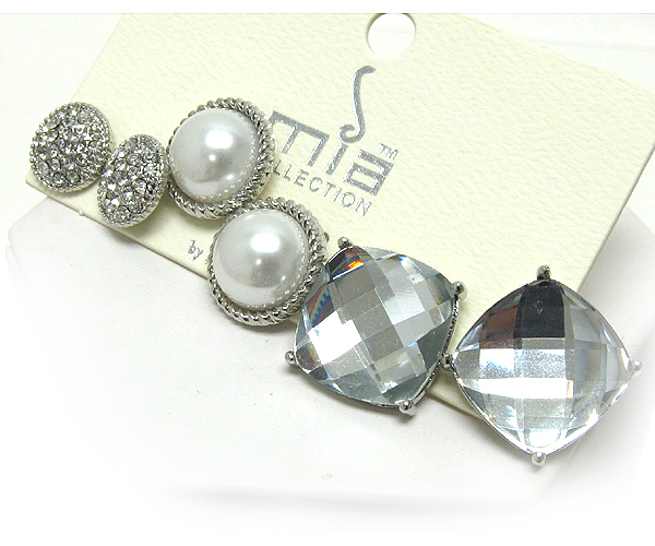 ROUND CRYSTAL METAL PEARL AND GLASS SQUARE 3 PAIR EARRING SET