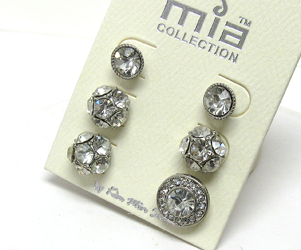 ROUND CRYSTAL FIRE BALL METAL CRYSTAL  3 PAIR EARRING SET