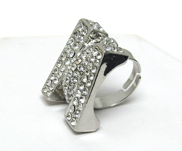 MULTI CRYSTAL AND SCRATCH METAL THREE HALF SQUARE DESIGNER STYLE ADJUSTABLE RING SIZE