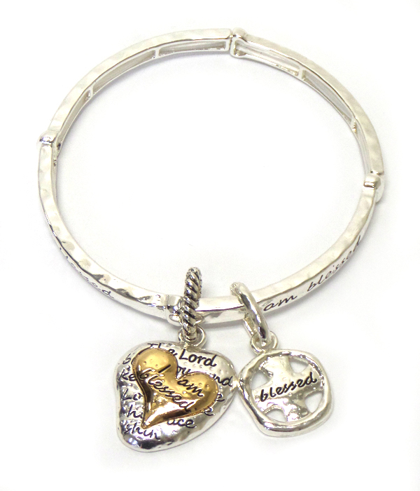 RELIGIOUS INSPIRATION HEART CHARM MESSAGE STRETCH BRACELET - I AM BLESSED