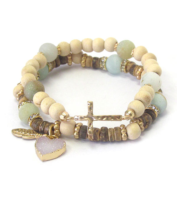 MULTI MATERIAL BEAD AND DRUZY HEART DOUBLE STRETCH BRACELET SET