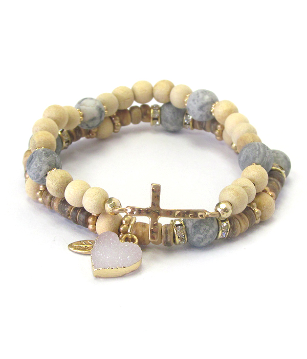 MULTI MATERIAL BEAD AND DRUZY HEART DOUBLE STRETCH BRACELET SET