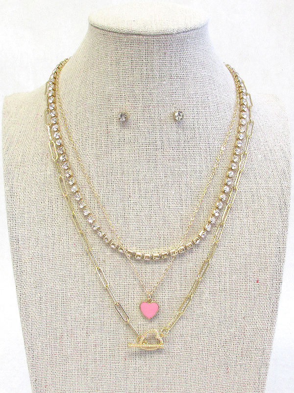 HEART PENDANT AND crystal MULTI CHAIN NECKLACE SET -VALENTINE