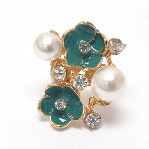 CRYSTAL CENTER AND EPOXY AND PEARL DECO ADJUSTABLE RING