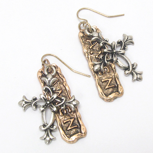 VINTAGE METAL CROSS AND AMEN DOUBLE LAYER EARRING