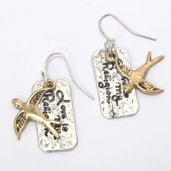 VINTAGE METAL BIRD AND RELIGION MESSAGE DOUBLE LAYER EARRING