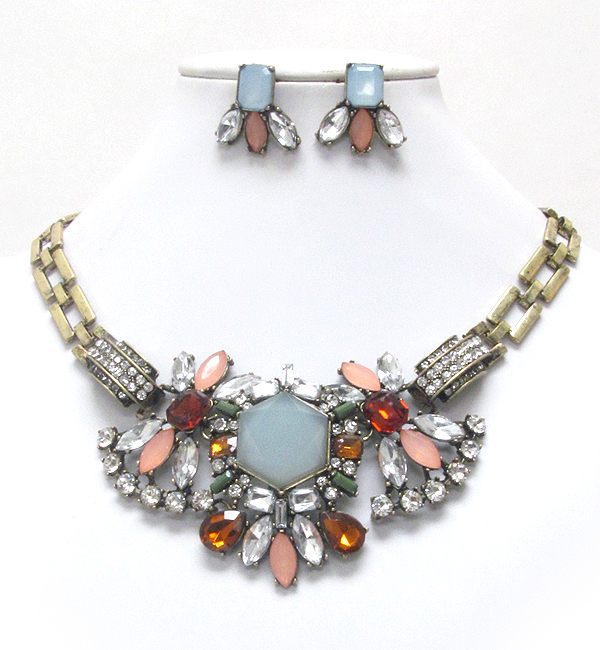 MULTI CRYSTAL AND FACET GLASS DECO AND WATCH BAND CHAIN BOUTIQUE STYLE NECKLACE EARRING SET