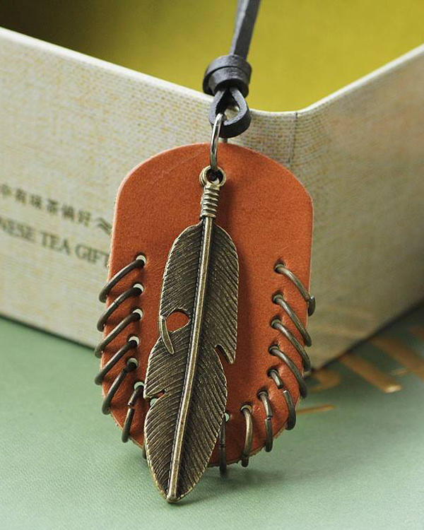 GENUINE LEATHER AND FEATHER CHARM HANDMADE NECKLACE