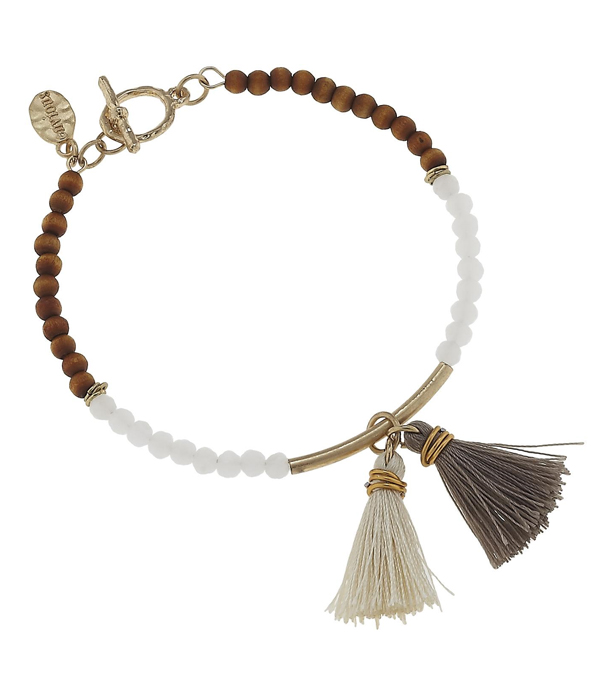 DOUBLE TASSEL AND WOOD AND GLASS BEAD MIX TOGGLE BRACELET