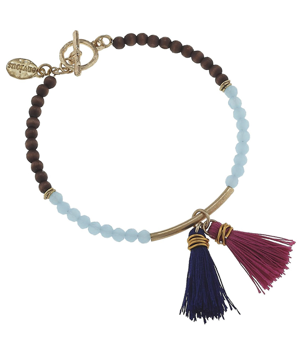DOUBLE TASSEL AND WOOD AND GLASS BEAD MIX TOGGLE BRACELET