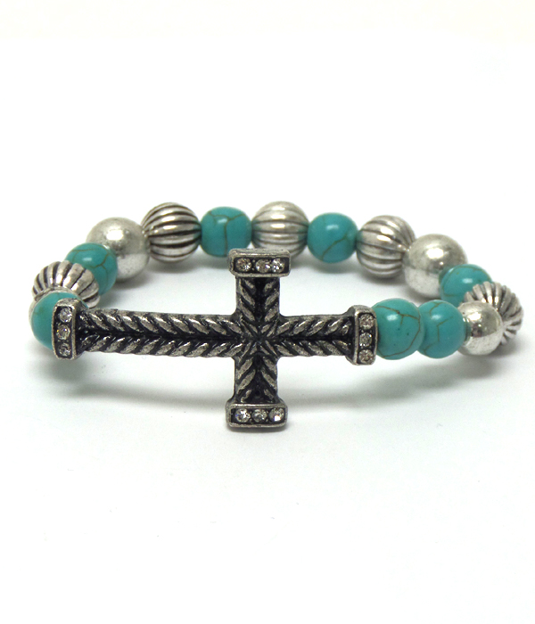 TURQUOISE STONE AND METAL  BEADS CROSS STRETCH BRACELET