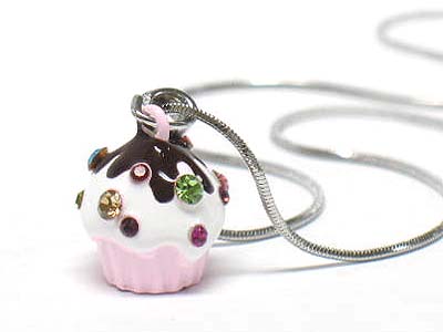 WHITEGOLD PLATING CRYSTAL STUD MINIATURE ICE CREAM CUP NECKLACE
