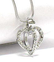 WHITE GOLD PLATING CRYSTAL STUD SOLID DOUBLE HEART PENDANT NECKLACE