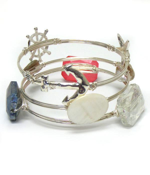 GLASS AND SHELL BOURBON WIRE SEALIFE THEME BRACELET SET OF 3