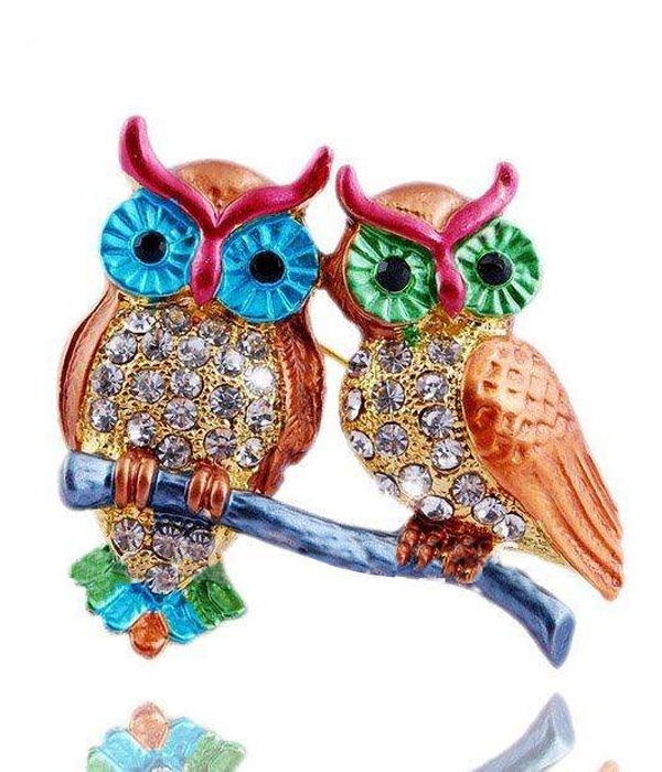 CRYSTAL AND EPOXY DOUBLE OWL PIN OR BROOCH