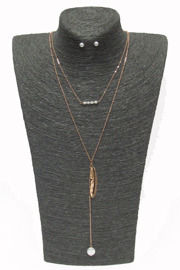 2 LAYER PEARL FEATHER DROP NECKLACE SET 