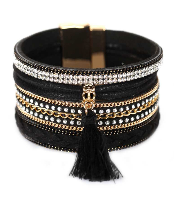 CRYSTAL AND CHAIN ON LEATHER BAND MAGNETIC BRACELET