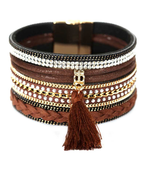 CRYSTAL AND CHAIN ON LEATHER BAND MAGNETIC BRACELET