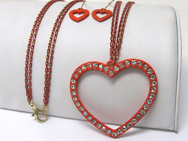 CRYSTAL STUD COLORED METAL OPEN HEART PENDANT NECKLACE EARRING SET