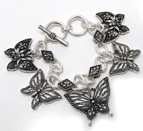 MARCASITE LOOK METAL BUTTERFLY CHARM DANGLE TOGGLE BRACELET