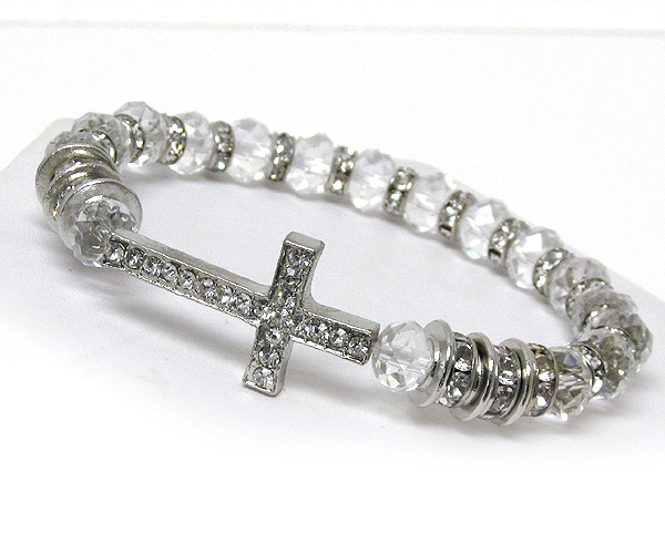 MULTI CRYSTAL GLASS AND CRYSTAL RONDELL AND CRYSTAL CROSS IN BETWEEN STRETCH BARCELET