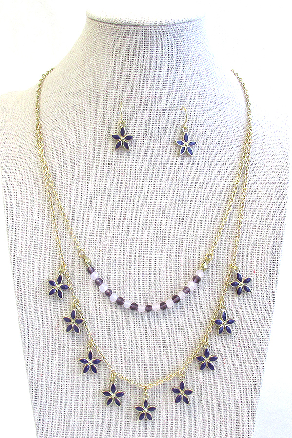 MULTI EPOXY METAL FLOWER AND CRYSTAL GLASS BEADS DOUBLE CHAIN NECKLACE EARRING SET