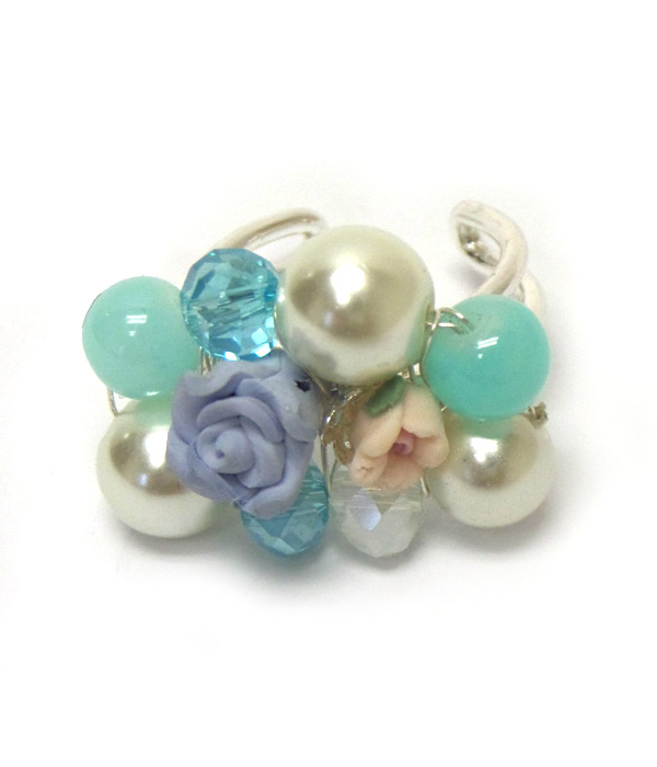 PEARL AND FLOWER MIX ADJUSTABLE RING