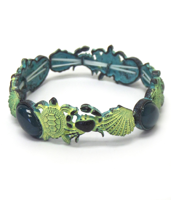 TURTLE CRAB AND SHELL PATINA STRETCH BRACELET