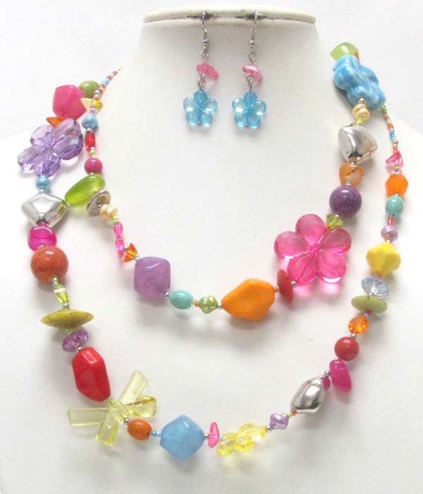 ACRYL AND CERAMIC BEADS LONG NECKLACE EARRING SET
