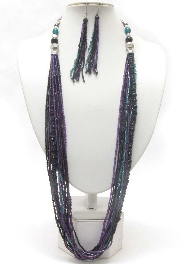 MULTI ROW SEED BEADS CHAIN AND FIGURINE ACCENT NECKLACE EARRING SET