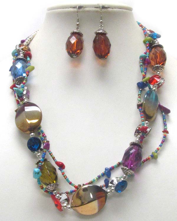 MULTI STRAND MIXED BEADS AND CHAIN NECKLACE EARRING SET