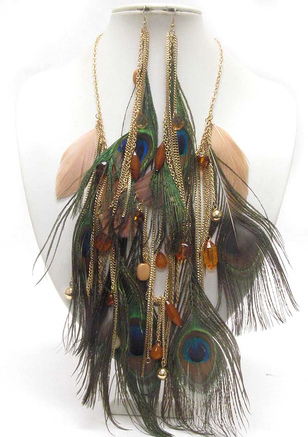 MULTI FEATHER AND GLASS BEADS HANGING FUSION NECKLACE EARRING SET