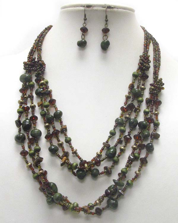 MULTI ROW NATURAL CHIP STONE AND MIXED GLASS BEADS NECKLACE EARRING SET