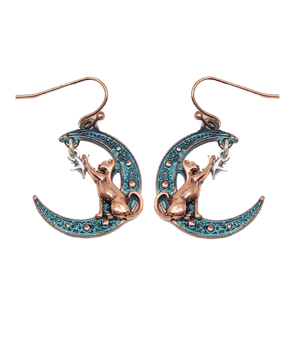 Rustic finish cat and moon earring