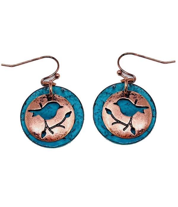 Rustic finish  double metal earring - bird and tree