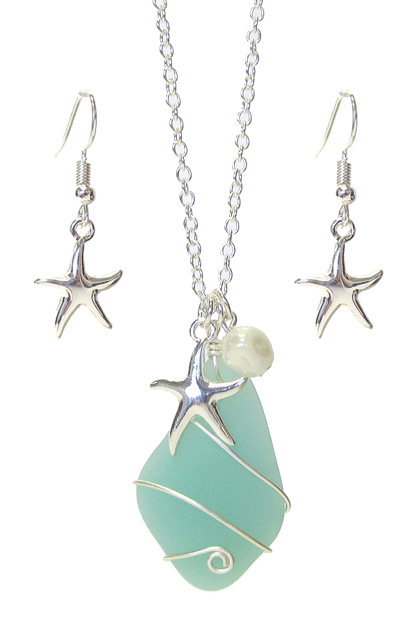 Wire wrap sea glass and pearl pendant necklace set - starfish