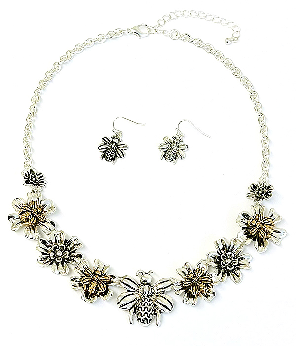 Garden theme bee and flower link necklace set