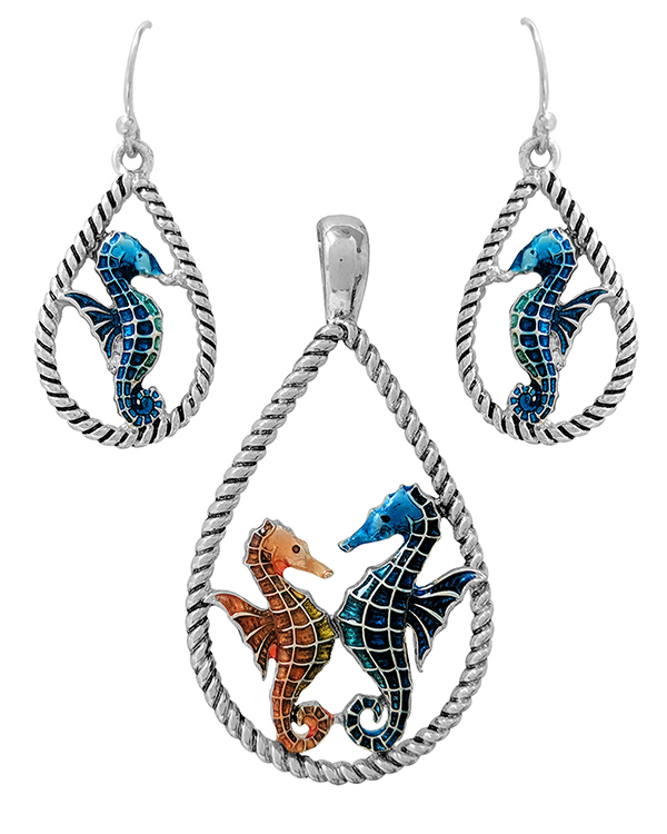 Sealife theme rope textured teardrop pendant and earring set - seahorse