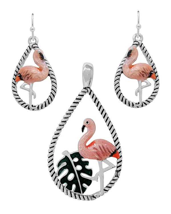 Tropical theme rope textured teardrop pendant and earring set - flamingo