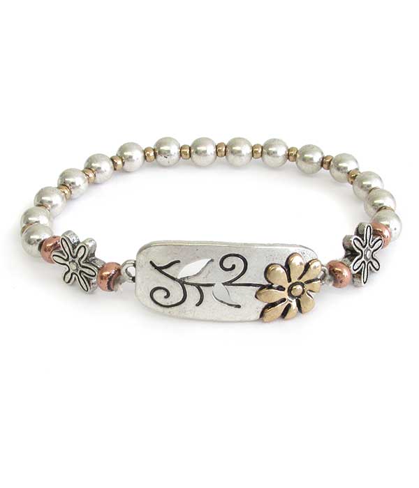 Flower and metal ball bead stretch bracelet