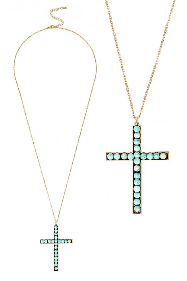 Semi precious stone cross pendant long necklace - turquoise