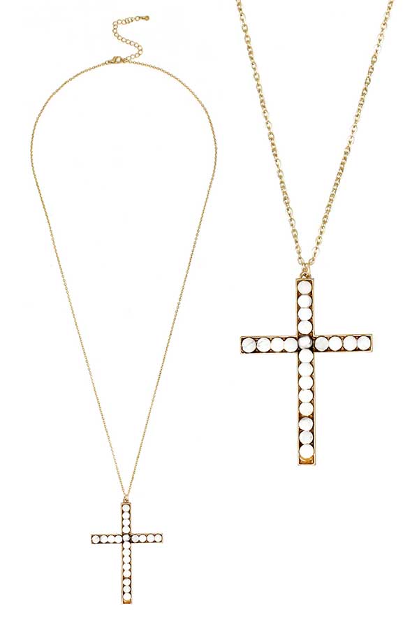 Semi precious stone cross pendant long necklace - howlite