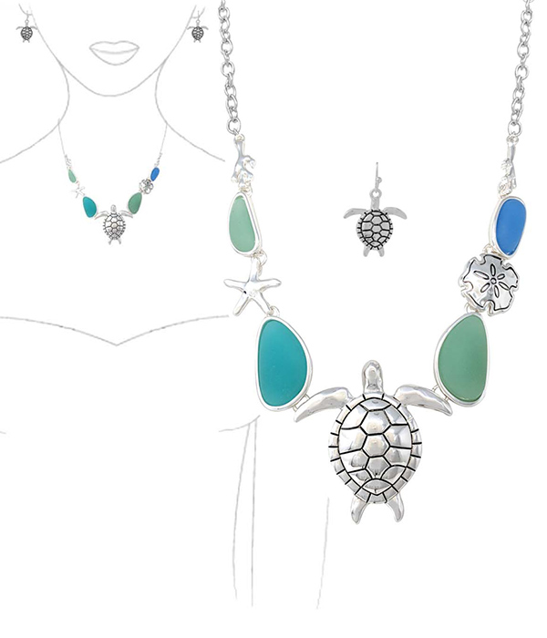 SEALIFE THEME SEA GLASS NECKLACE SET - TURTLE